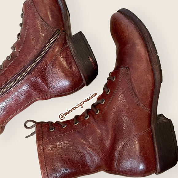 Frye Carson Lug Lace Up Brown Real Leather Combat Granny Pull On Cute Ankle Boot - Picture 11 of 13